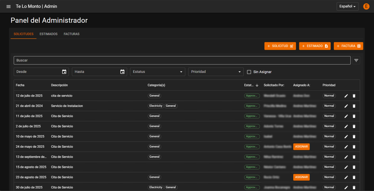Te Lo Monto Admin App